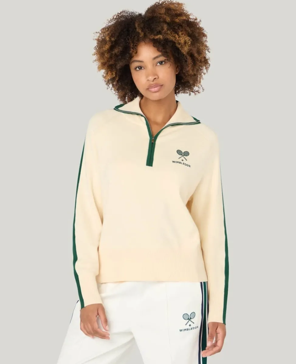 Wimbledon Knitwear-Crossed Racket 1/4 Zip Cardigan in Cream