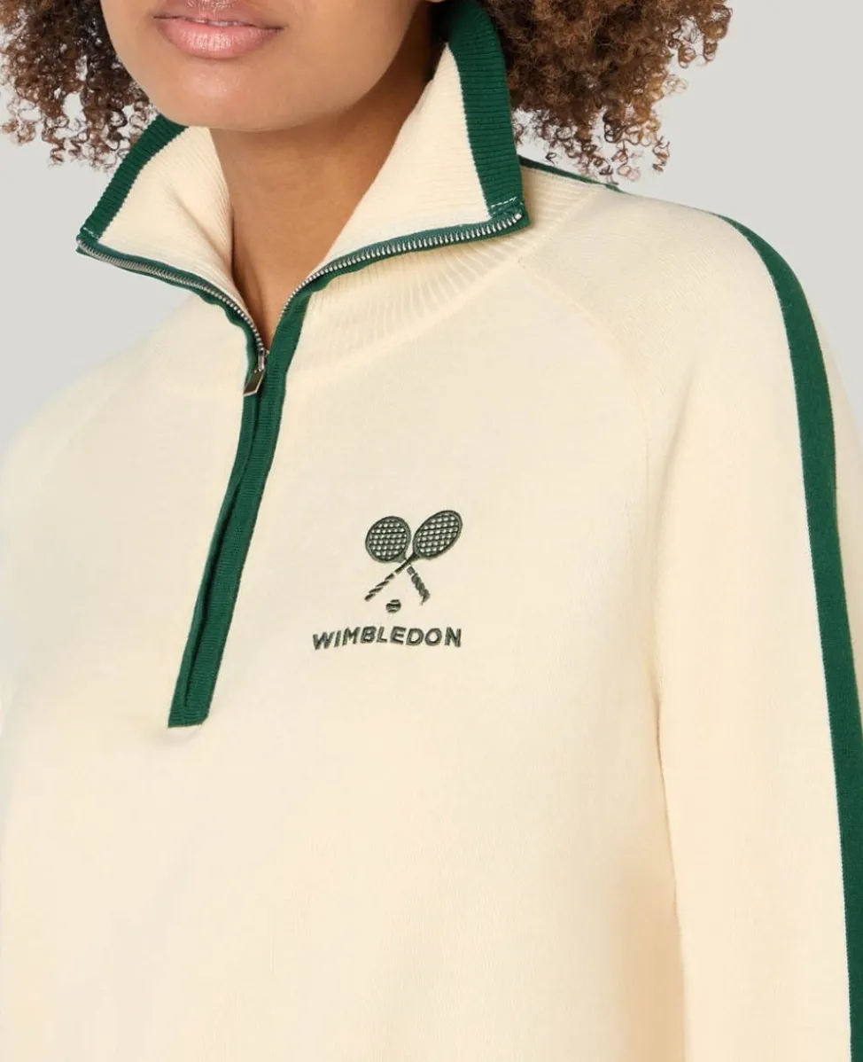 Wimbledon Knitwear-Crossed Racket 1/4 Zip Cardigan in Cream