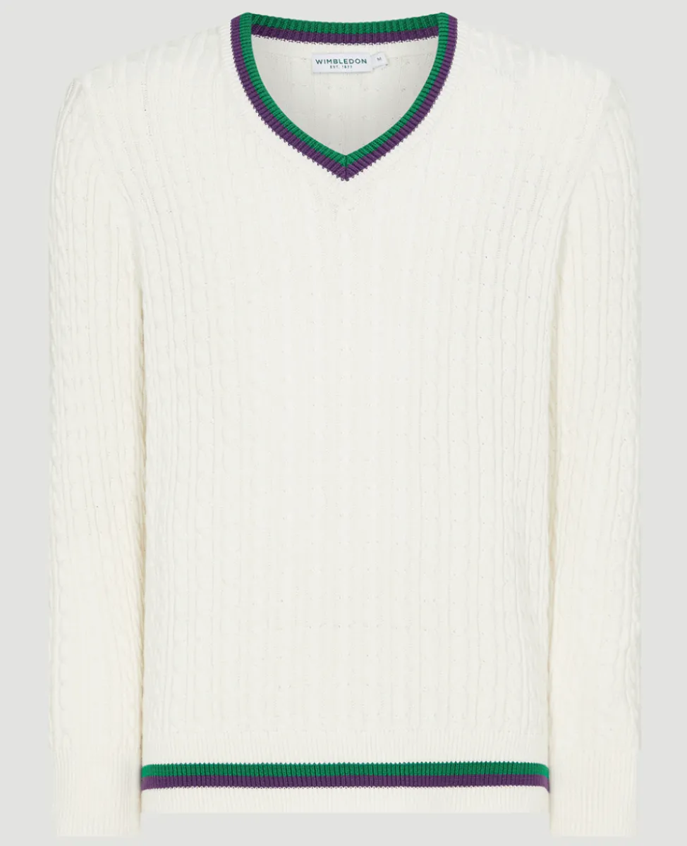 Wimbledon Knitwear-Mens Core Long Sleeve Cable Knit - White