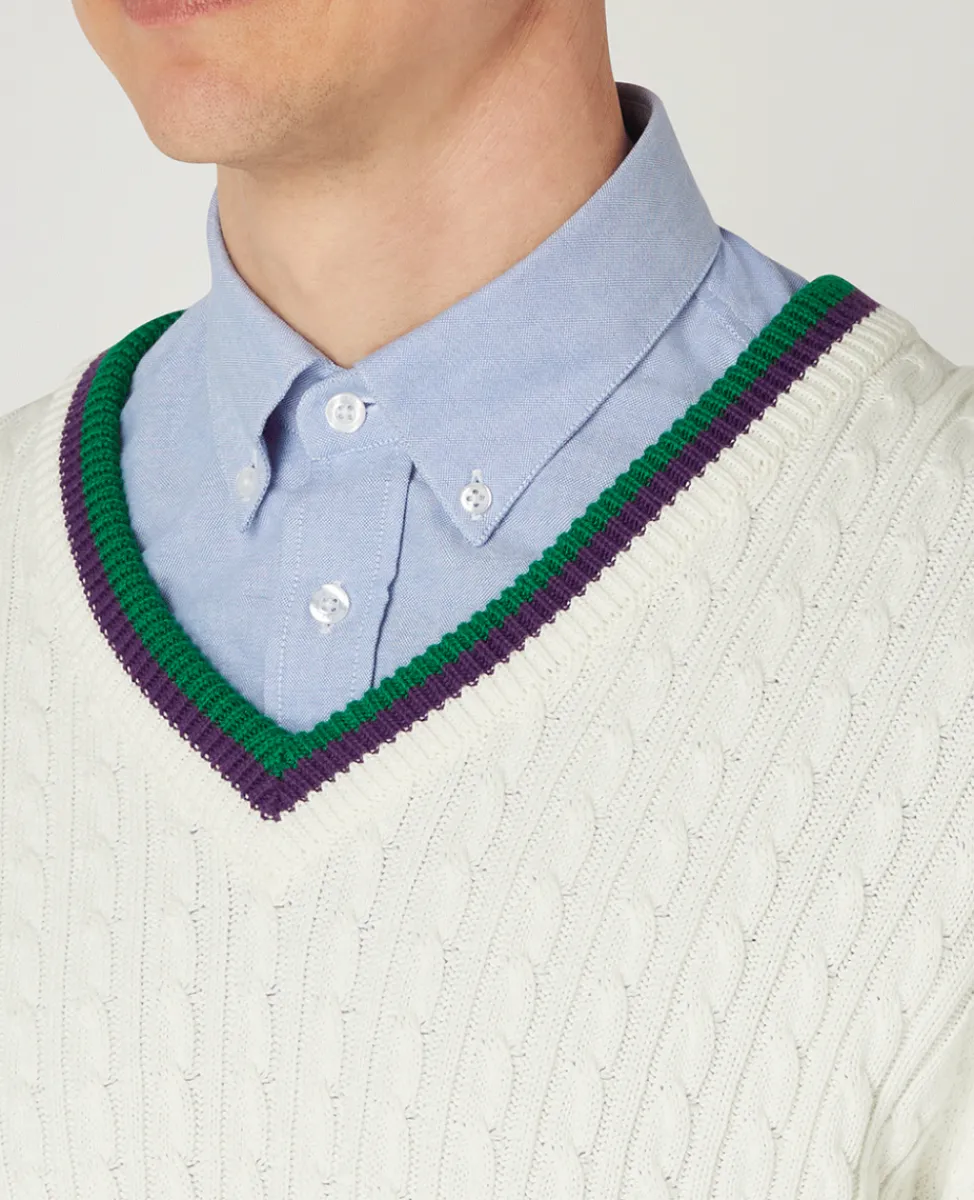 Wimbledon Knitwear-Mens Core Long Sleeve Cable Knit - White