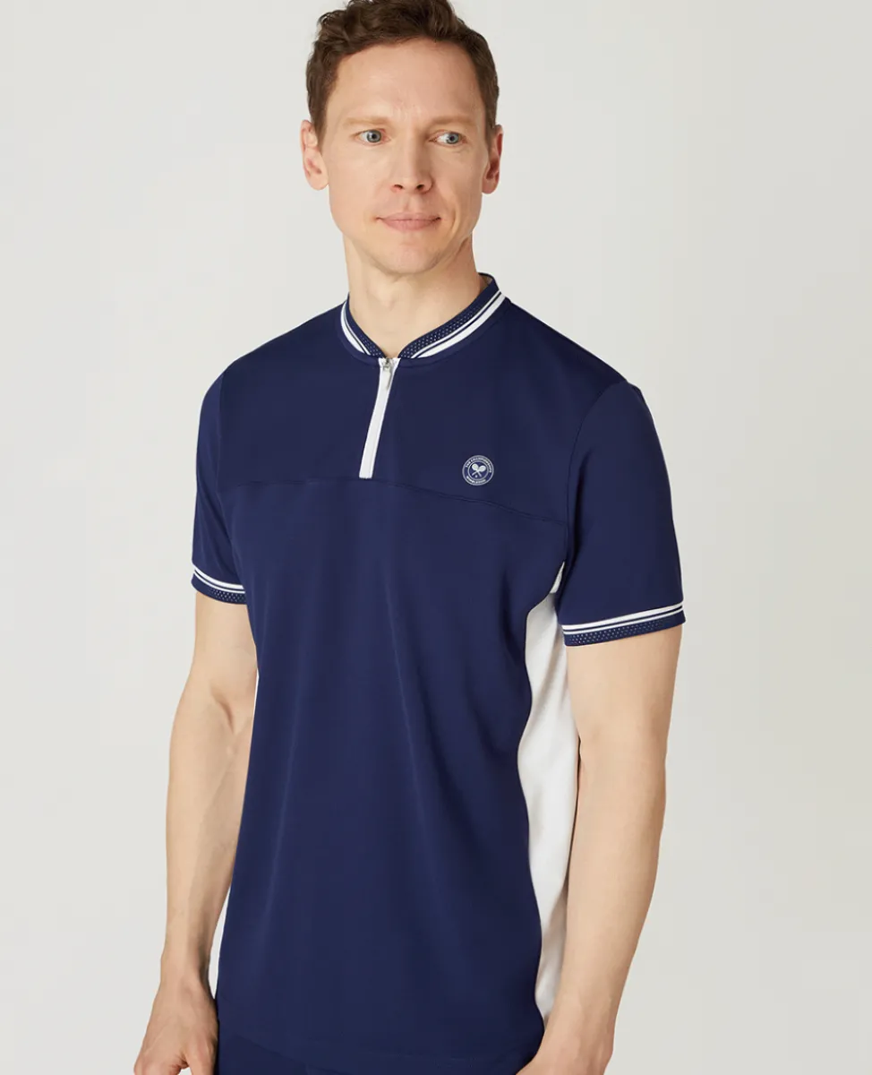 Wimbledon Polo Shirts-Mens Zip Neck Polo Navy & White