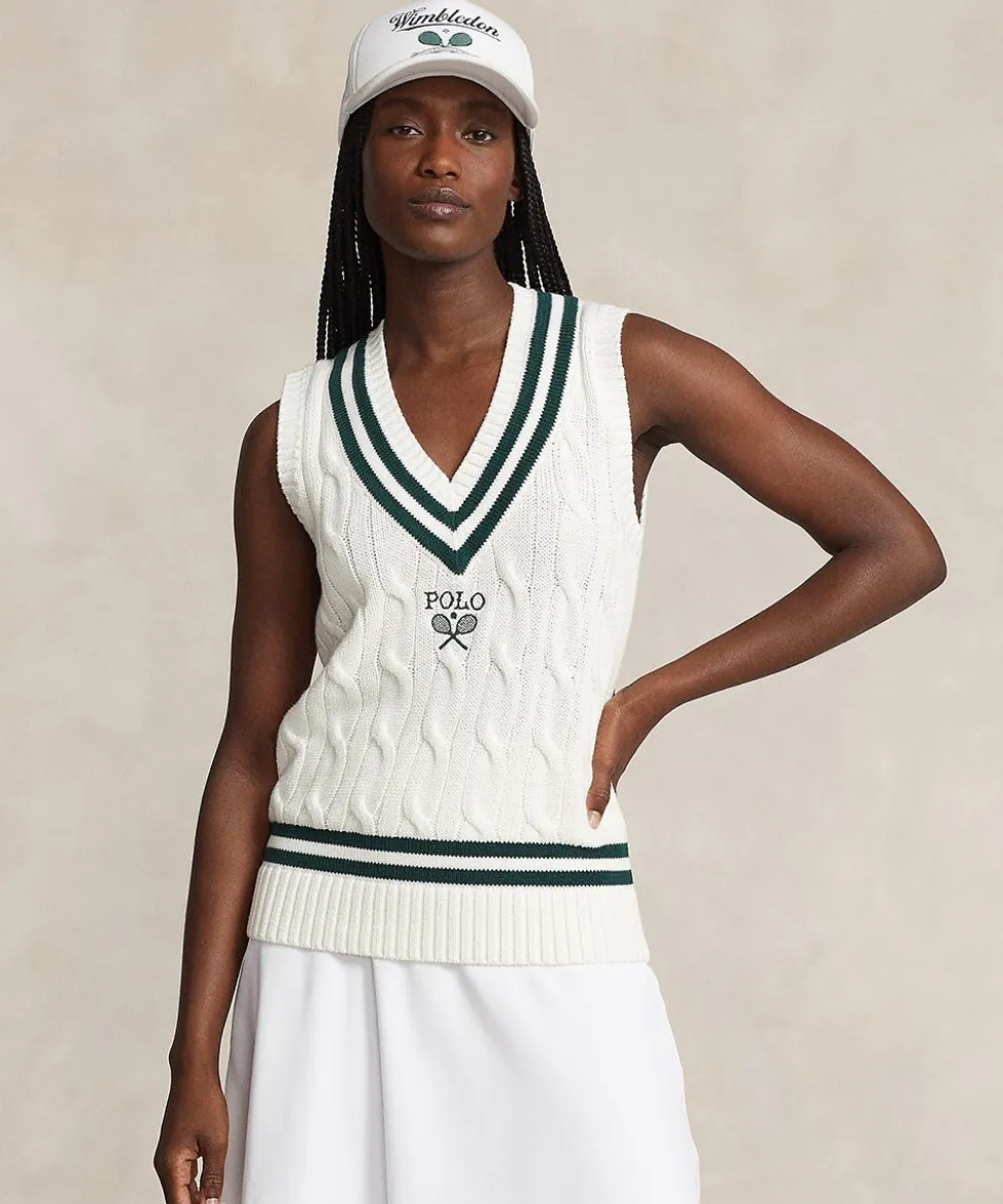 Wimbledon Knitwear-Polo Ralph Lauren Womens Cable-Knit Cotton Vest - White