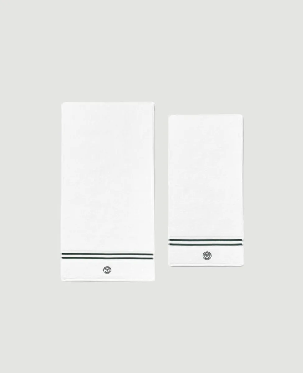 Wimbledon Towels-White Cotton Bath and Hand Towel Set with Green Accents