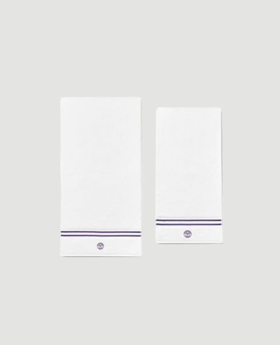 Wimbledon Towels-White Cotton Bath and Hand Towel Set with Purple Accents
